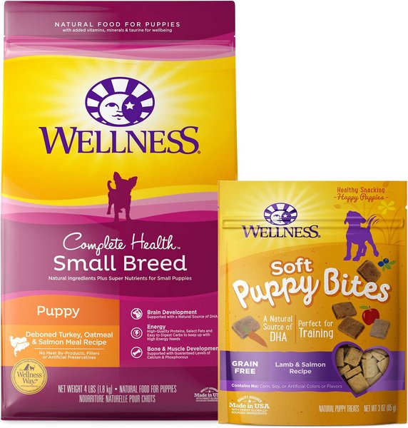 Wellness Small Breed Complete Health Puppy Turkey, Oatmeal & Salmon Meal Recipe Dry Dog Food, 4-lb bag + Wellness Soft Puppy Bites Lamb & Salmon Recipe Grain-Free Dog Treats, 3-oz pouch slide 1 of 8