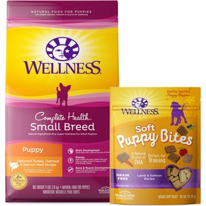 Wellness Small Breed Complete Health Puppy Turkey, Oatmeal & Salmon Meal Recipe Dry Dog Food, 4-lb bag + Wellness Soft Puppy Bites Lamb & Salmon Recipe Grain-Free Dog Treats, 3-oz pouch