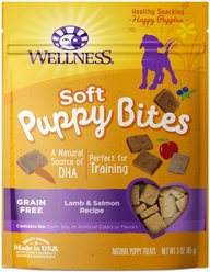 Wellness Small Breed Complete Health Puppy Turkey, Oatmeal & Salmon Meal Recipe Dry Dog Food, 4-lb bag + Wellness Soft Puppy Bites Lamb & Salmon Recipe Grain-Free Dog Treats, 3-oz pouch slide 2 of 8