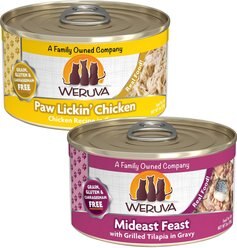 Weruva Paw Lickin' Chicken in Gravy Grain-Free Canned Cat Food, 3-oz, case of 24 + Weruva Mideast Feast with Grilled Tilapia in Gravy Grain-Free Canned Cat Food, 3-oz, case of 24
