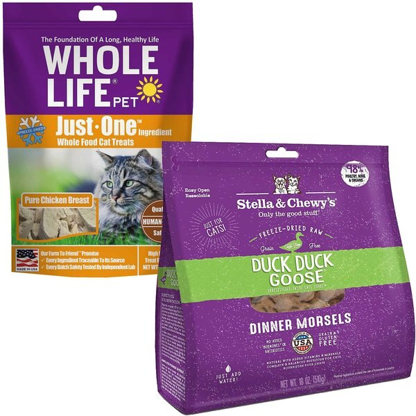 Whole Life Just One Ingredient Pure Chicken Breast Freeze-Dried Cat Treats, 4-oz bag + Stella & Chewy's Duck Duck Goose Dinner Morsels Freeze-Dried Raw Cat Food, 18-oz bag slide 1 of 7