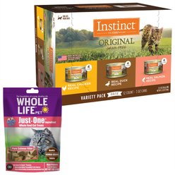 Whole Life Just One Ingredient Pure Salmon Fillet Freeze-Dried Cat Treats, 1-oz bag + Instinct Original Grain-Free Pate Recipe Variety Pack Wet Canned Cat Food, 3-oz, case of 12