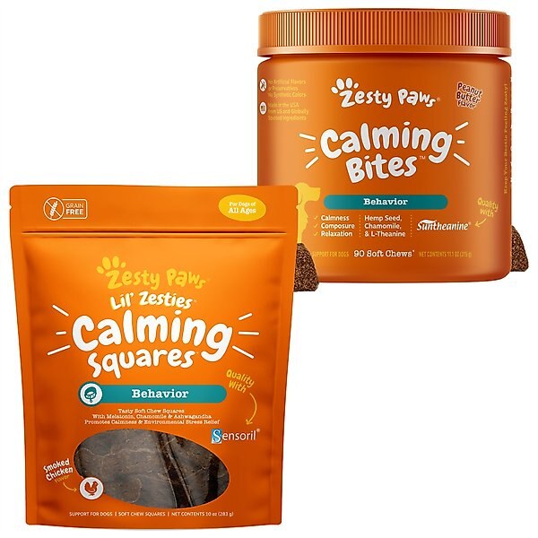 Zesty Paws All Ages, Calming Bites, Peanut Butter Flavored Soft Chews, Behavior Functional Dog Supplement, 90 count + Zesty Paws Calming Squares Stress & Anxiety Smoked Chicken Flavor Soft Chew Dog Supplement, 10-oz bag slide 1 of 9