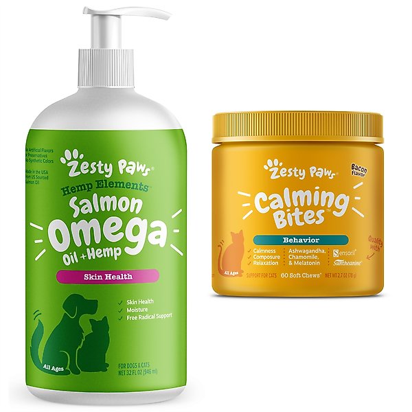 Zesty Paws All Ages Calming Bites Behavior Bacon Flavor Cat Supplement, 60 count + Zesty Paws Hemp Elements Salmon Flavored Omega Oil + Hemp Dog & Cat Supplement, 32-oz bottle slide 1 of 9