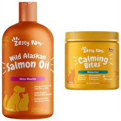 Zesty Paws All Ages Calming Bites Behavior Bacon Flavor Cat Supplement + Wild Alaskan Salmon Oil Skin & Coat Support Dog & Cat Supplement slide 1 of 9