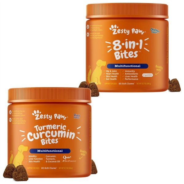 Zesty Paws Curcumin Bites Everyday Vitality Duck Flavor Dog Supplement, 90 count + Zesty Paws 8-in-1 Multifunctional Chicken Flavor Soft Chew Dog Supplement, 90 count slide 1 of 9