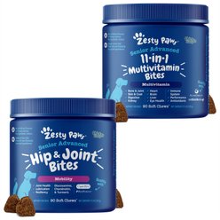 Zesty Paws Senior, Advanced Mobility Bites, Chicken Flavored Soft Chews, Hip & Joint Functional Dog Supplement, 90 count + Zesty Paws 11-in-1 Bites Multifunctional MSM & Curcumin + Cranberry & Lutein Senior Chicken Flavor Dog Supplement, 90 count