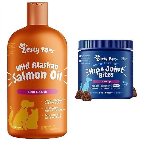 Zesty Paws Senior, Advanced Mobility Bites, Chicken Flavored Soft Chews, Hip & Joint Functional Supplement + Wild Alaskan Salmon Oil Skin & Coat Support Dog & Cat Supplement slide 1 of 9