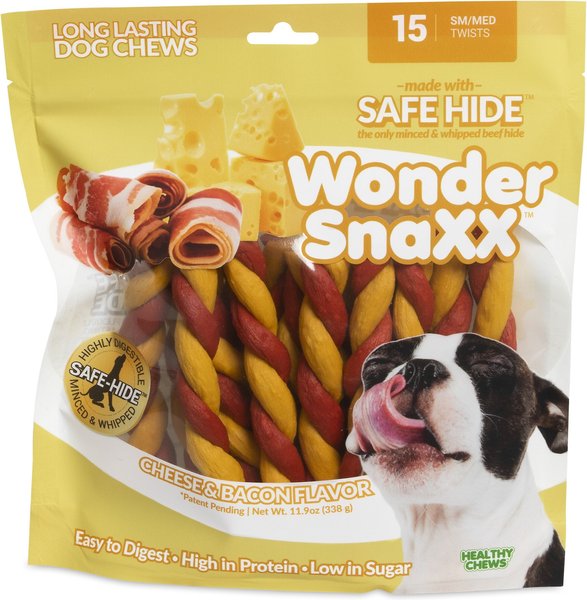 Petmate Wonder SnaXX Twists Cheese & Bacon Grain-Free Dog Treats, Small/Medium, 15 count slide 1 of 2