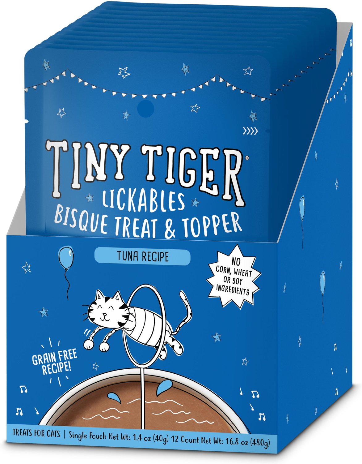 Tiny Tiger Lickables, Receta de atún, Bisque Cat Treat y Topper