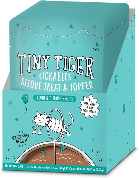 Tiny Tiger Lickables, Tuna & Shrimp Recipe, Bisque Cat Treat & Topper, 1.4-oz pouch, case of 12 slide 1 of 8
