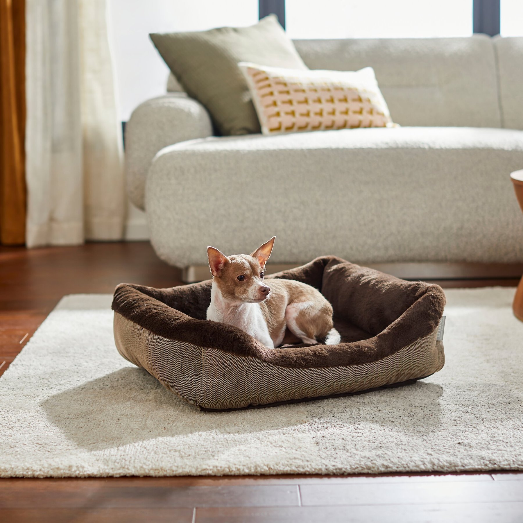 Frisco Herringbone Cuffed Cuddler Dog Cat Bed Brown Small