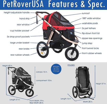 Show full view: HPZ Pet Rover Run Performance Jogging Dog & Cat Stroller, Red slide 7 of 10