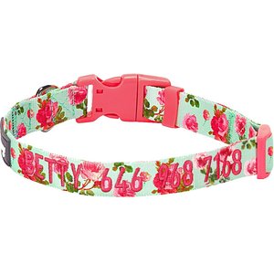Blueberry Pet Spring Scent Rose Floral Personalized ID Dog Collar, Turquoise, Large: 18 to 26-in neck, 1-in wide