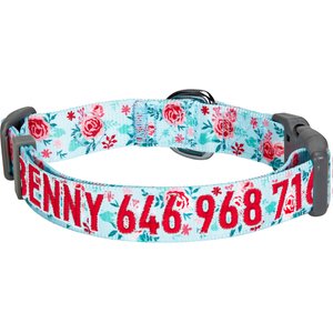 Blueberry Pet Essentials Garden Floral Personalized Dog Collar, Pastel Blue, Small: 12 to 16-in neck, 5/8-in wide