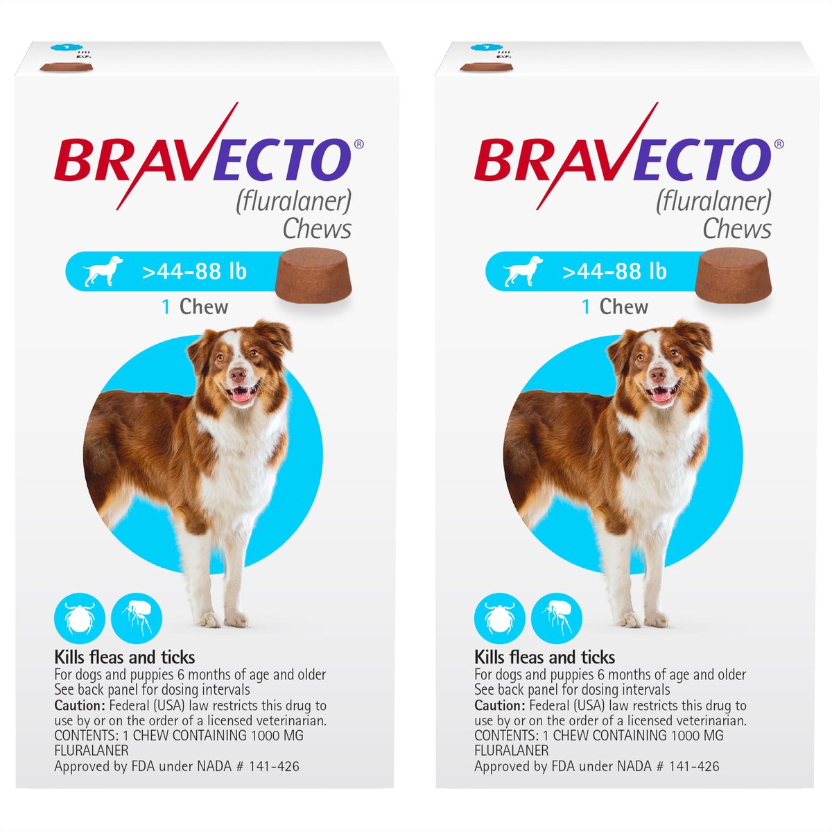 BRAVECTO Chew for Dogs, 44-88 lbs, (Blue Box), 2 Chews (24-wks