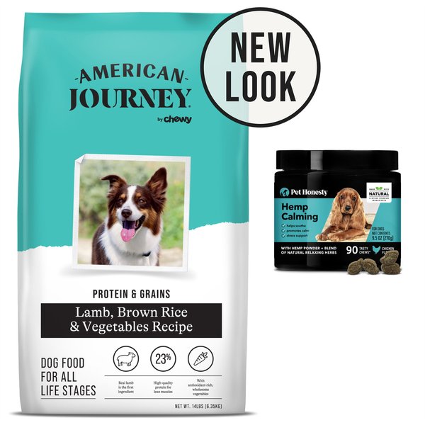 American Journey Protein & Grains Lamb, Brown Rice & Vegetables Recipe Dry Food + PetHonesty Hemp Calming Anxiety & Hyperactivity Soft Chews Dog Supplement slide 1 of 8