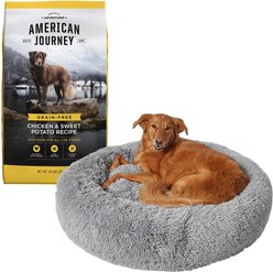 American Journey Chicken & Sweet Potato Recipe Grain-Free Dry Dog Food + Frisco Eyelash Bolster Bed, Smoky Gray, Large