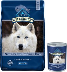 Blue Buffalo Wilderness Senior Chicken Recipe Grain-Free Dry Food + Turkey & Chicken Grill Grain-Free Senior Canned Dog Food