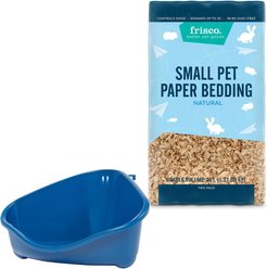 Frisco Corner Litter Box, Navy, X-Small + Small Animal Bedding, Natural