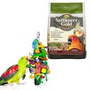Higgins Safflower Gold Natural Mix Conure & Cockatiel Food + Sungrow Parrot Chew Toy, Foraging Blocks, Rainbow Wood