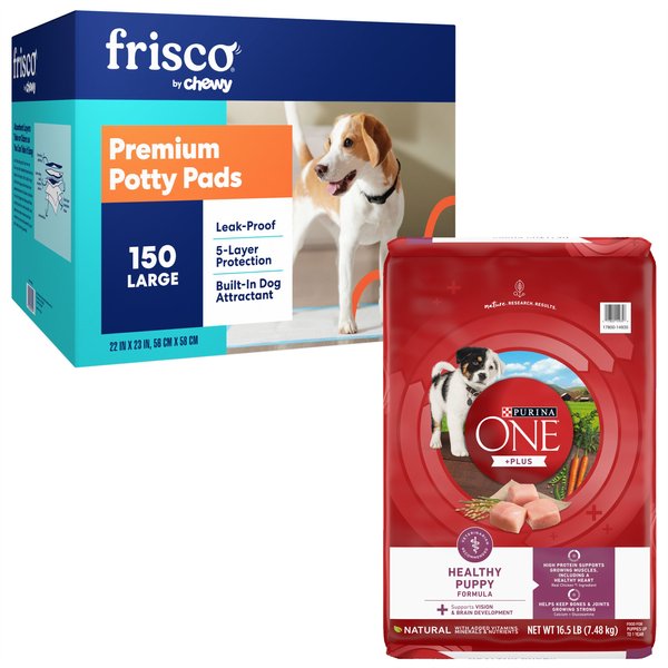 Purina ONE SmartBlend Healthy Puppy Formula Dry Food + Frisco Dog Training & Potty Pads, 22 x 23-in slide 1 of 8
