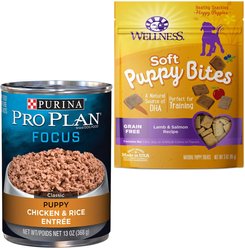 Purina Pro Plan Focus Puppy Classic Chicken & Rice Entree Canned Food + Wellness Soft Puppy Bites Lamb & Salmon Recipe Grain-Free Dog Treats