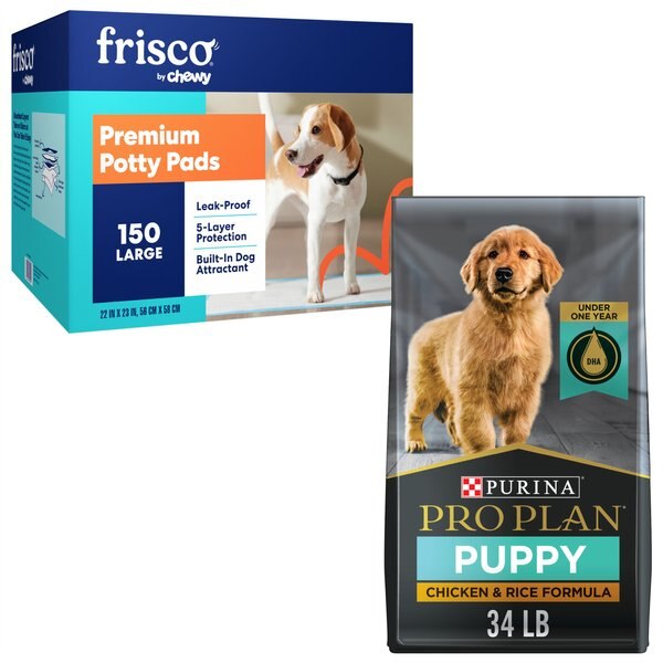 Purina Pro Plan Puppy Chicken & Rice Formula Dry Food + Frisco Dog Training & Potty Pads, 22 x 23-in slide 1 of 9