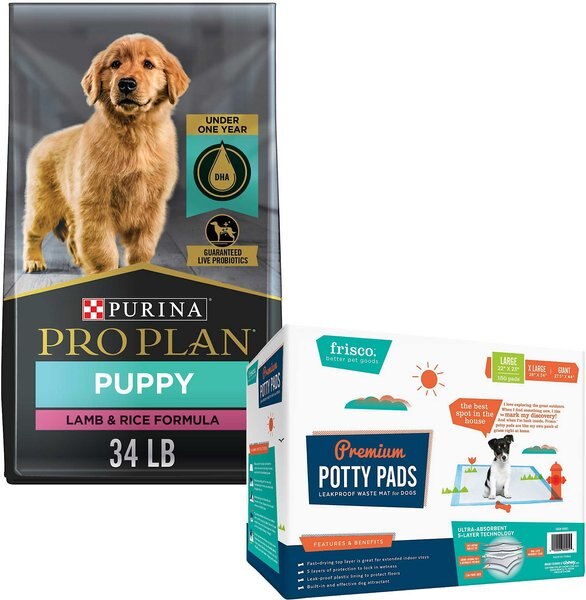 Purina Pro Plan Puppy Lamb & Rice Formula Dry Food + Frisco Dog Training & Potty Pads, 22 x 23-in slide 1 of 9