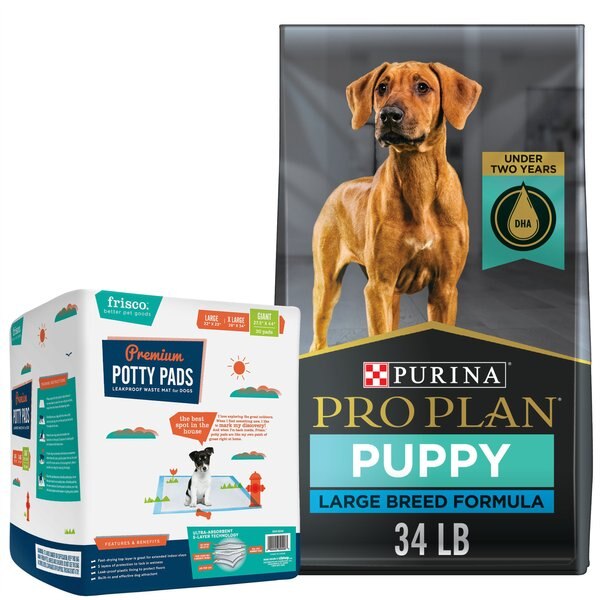Purina Pro Plan Puppy Large Breed Chicken & Rice Formula with Probiotics Dry Food + Frisco Giant Dog Training & Potty Pads, 27.5 x 44-in slide 1 of 9