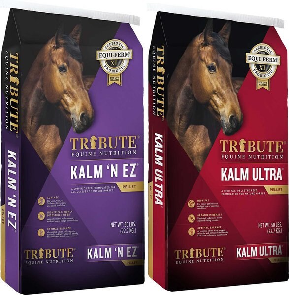 Tribute Equine Nutrition Kalm N' EZ Pellet Low-NSC, Molasses-Free Feed + Kalm Ultra High Fat Horse Feed slide 1 of 5