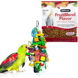 ZuPreem FruitBlend with Natural Fruit Flavors Medium Bird Food + Sungrow Parrot Chew Toy, Foraging Blocks, Rainbow Wood