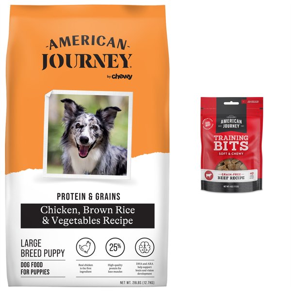 American Journey Protein & Grains Large Breed Puppy Chicken, Brown Rice & Vegetables Recipe Dry Food + Beef Recipe Grain-Free Soft & Chewy Training Bits Dog Treats slide 1 of 8
