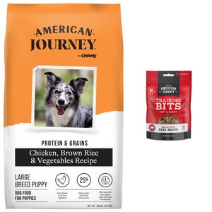 American Journey Protein & Grains Large Breed Puppy Chicken, Brown Rice & Vegetables Recipe Dry Food + Beef Recipe Grain-Free Soft & Chewy Training Bits Dog Treats