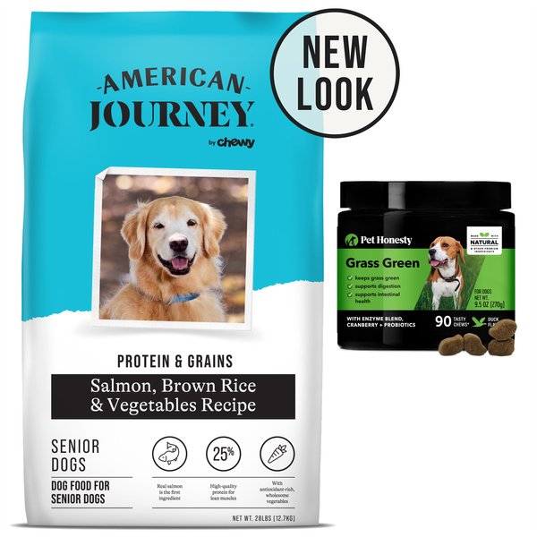 American Journey Protein & Grains Senior Chicken, Brown Rice & Vegetables Recipe Dry Food + PetHonesty GrassGreen Snacks Cranberry Extract with Probiotics Soft Chews Dog Supplement slide 1 of 9