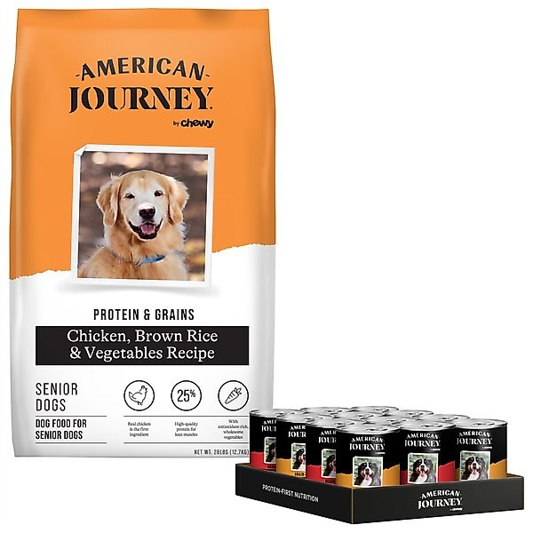 American Journey Protein & Grains Senior Chicken, Brown Rice & Vegetables Recipe Dry Food + Poultry & Beef Variety Pack Grain-Free Canned Dog Food slide 1 of 9