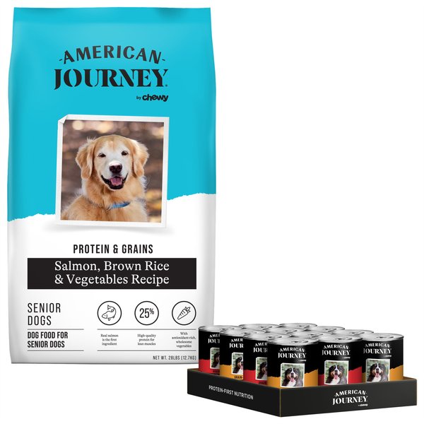 American Journey Protein & Grains Senior Salmon, Brown Rice & Vegetables Recipe Dry Food + Poultry & Beef Variety Pack Grain-Free Canned Dog Food slide 1 of 7