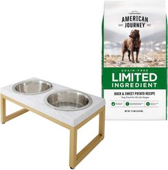 American Journey Limited Ingredient Duck & Sweet Potato Recipe Grain-Free Dry Food + Frisco Marble Print Stainless Steel Double Elevated Dog Bowl, 3 Cups, Gold Stand