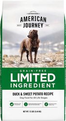 American Journey Limited Ingredient Duck & Sweet Potato Recipe Grain-Free Dry Food + Frisco Marble Print Stainless Steel Double Elevated Dog Bowl, 3 Cups, Gold Stand slide 2 of 8