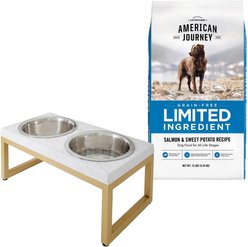 American Journey Limited Ingredient Salmon & Sweet Potato Recipe Grain-Free Dry Food + Frisco Marble Print Stainless Steel Double Elevated Dog Bowl, 3 Cups, Gold Stand