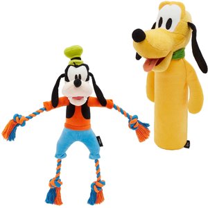 Disney Goofy Plush with Rope Squeaky Toy + Pluto Bottle Plush Squeaky Dog Toy