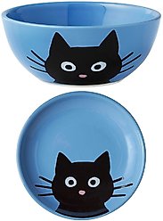 Frisco Cat Face Non-skid Ceramic Bowl, 1.25 Cup + Cat Dish, Blue, 0.50 Cup