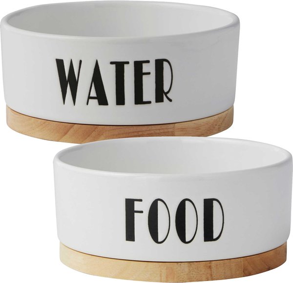 Frisco Ceramic Dog & Cat Water + Food Bowl with Wood Base, 1.25 Cups slide 1 of 8