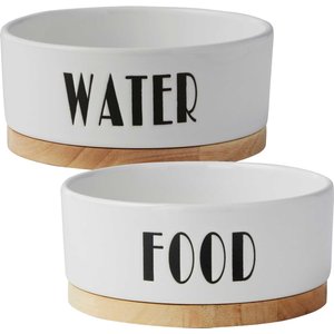 Frisco Ceramic Dog Water + Food Bowl with Wood Base, 4.5 Cups