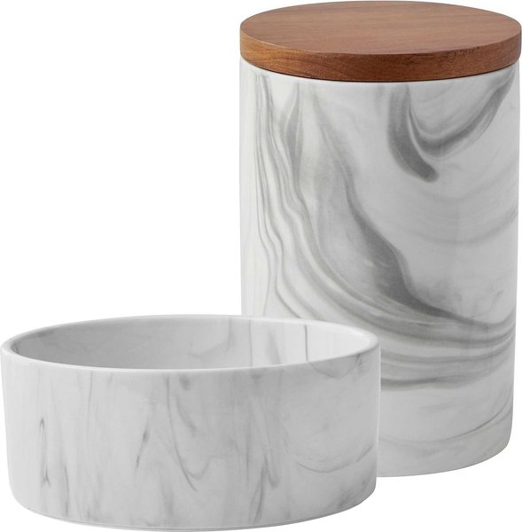 Frisco Marble Design Non-skid Ceramic Dog Bowl, 5.25 Cups + Treat Jar with Wood Lid, 3.75 Cups slide 1 of 9