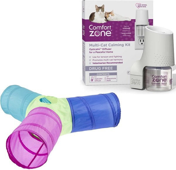 Frisco Peek-a-Boo Cat Chute Toy, Colorful Tri-Tunnel + Comfort Zone Multi-Cat Calming Diffuser for Cats slide 1 of 9