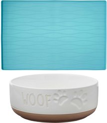 Frisco Silicone Food Mat, Teal, Large + Paw Prints Non-skid Ceramic Dog Bowl, 8.25 Cups