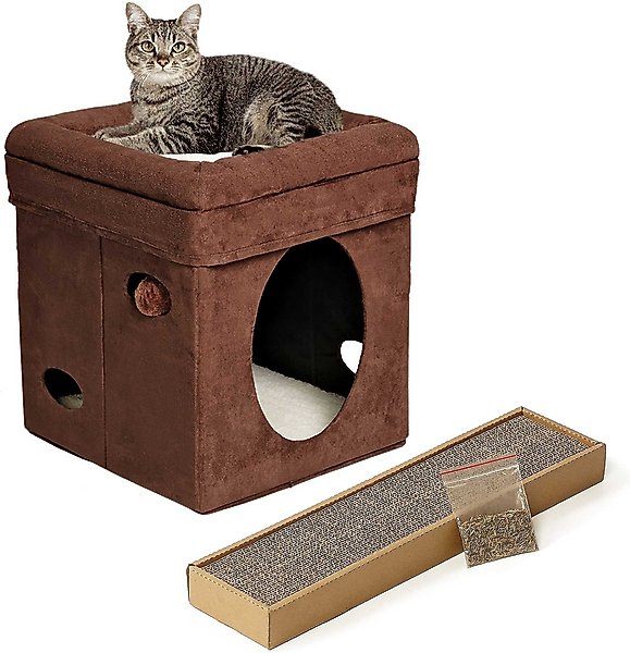 MidWest Curious Cube Condo, Brown Suede + Catty Scratch Cat Scratcher with Catnip, Small slide 1 of 9