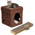 MidWest Curious Cube Condo, Brown Suede + Catty Scratch Cat Scratcher with Catnip, Small