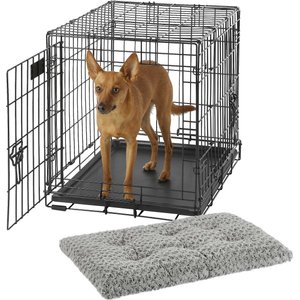 MidWest iCrate Fold & Carry Double Door Collapsible Wire Crate, 24 inch + Quiet Time Ombre Swirl Dog Crate Mat, Grey, 24-in